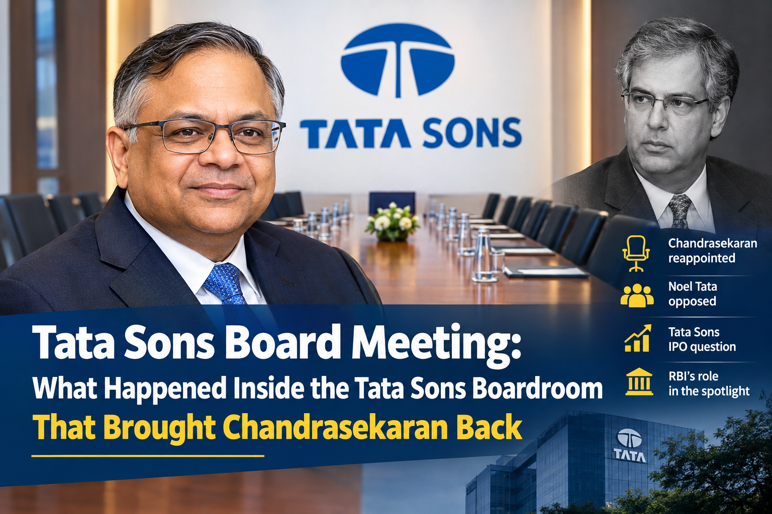 Tata Sons board meeting with N Chandrasekaran and Noel Tata, highlighting Chandrasekaran’s reappointment, boardroom disagreement, Tata Sons IPO and RBI regulatory issues.